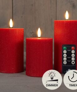 Set 3 kaarsen wax ribbel rood, 3d vlam