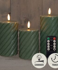 Set 3 kaarsen wax swirl jade groen, 3d vlam