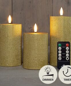 Set 3 kaarsen wax ribbel goud, 3d vlam