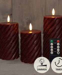 Set 3 kaarsen wax swirl bordeaux, 3d vlam