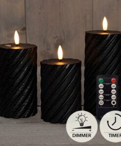 Set 3 kaarsen wax swirl zwart, 3d vlam