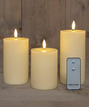 Set 3 kaarsen wax ribbel ivoor, 3d vlam