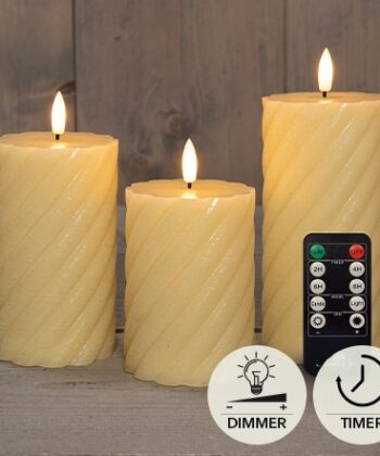 Set 3 kaarsen wax swirl ivoor, 3d vlam